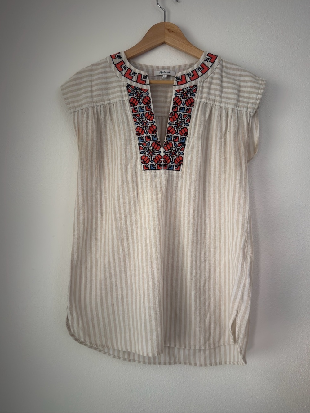 Madewell Beige Striped Embroidered 100% Cotton Sleeveless Blouse Size S